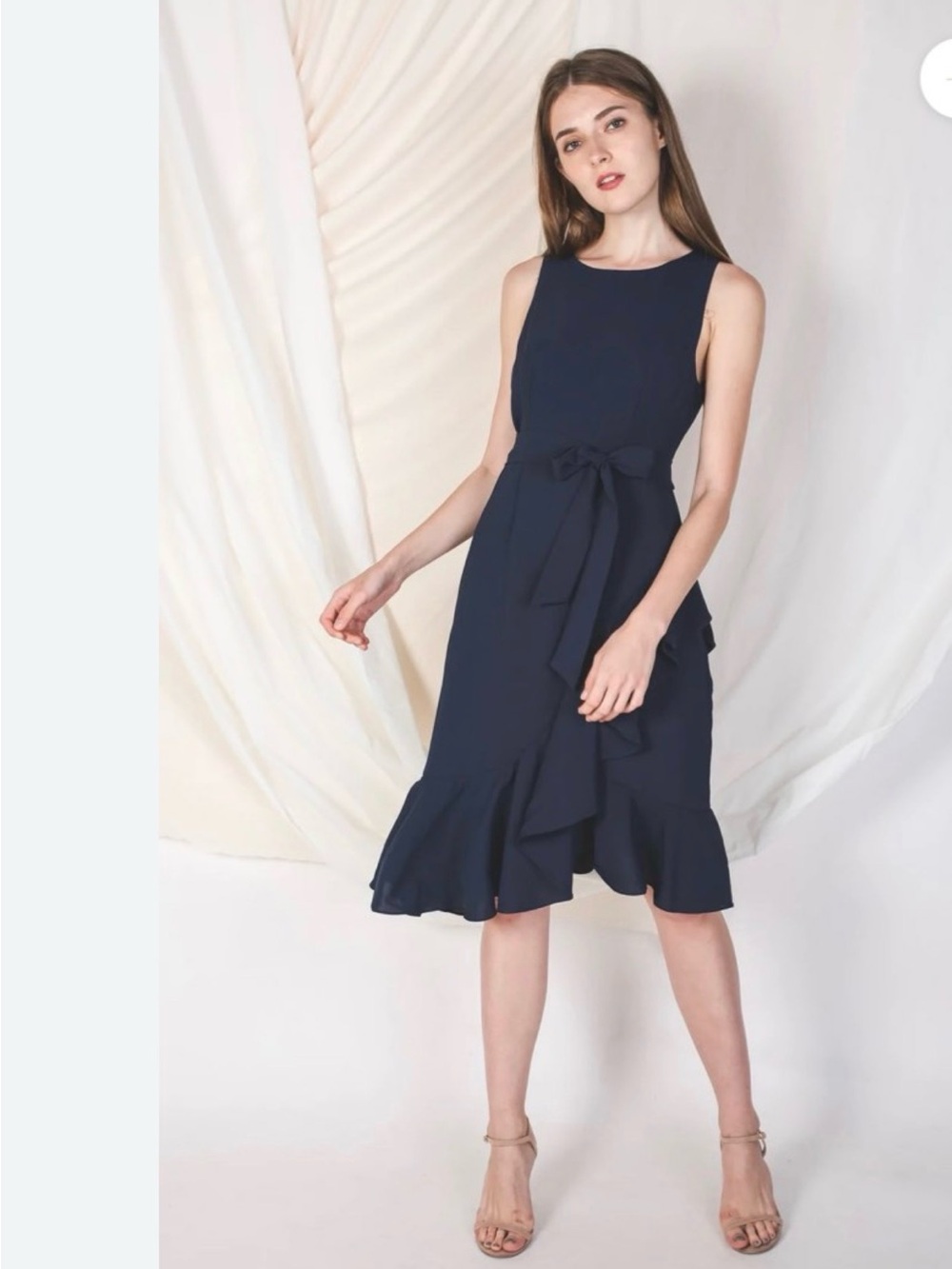 Calvin Klein Navy Sleeveless Midi Dress with Waist Tie